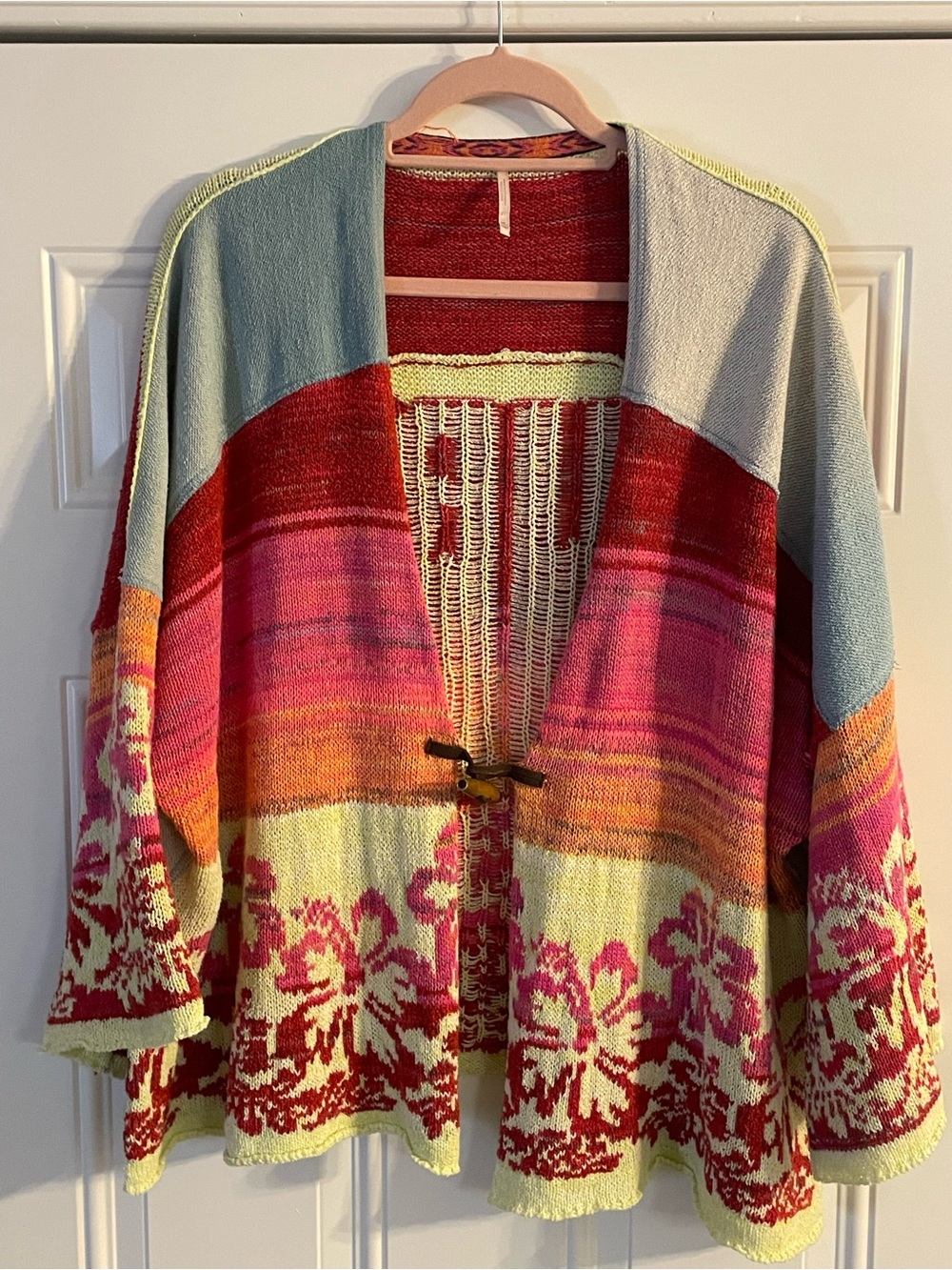 Free People Pink Red Orange Floral Open Knit Cardigan